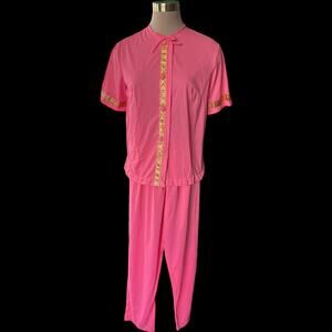 NWT Vintage Mandarin Style 2 pc Pant Set Pink Gold House Lounge Outfit Size Med